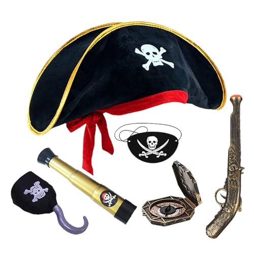 LEIDJGUN Piraten-Party-Kostüm-Set mit Augenbinde, Totenkopf-Druck, Hut, Karte für Kinder, Cosplay, Schmuck, Halloween-Themen-Zubehör von LEIDJGUN