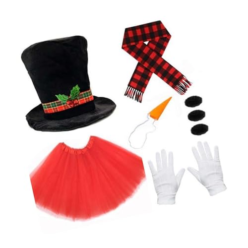 LEIDJGUN Schneemann-Kostüm-Set, Weihnachten, Winter, frostiges Kostüm, Schneemann-Hut mit Tutus-Rock, Karotte, Nasenschal, Handschuhe, Pompons, Bälle von LEIDJGUN