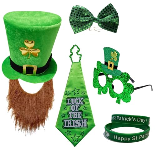 LEIDJGUN StPatrick Day Grüner Hut Fliege Kleeblatt Kostüm Set Irischer Nationalfeiertag Requisiten Set Karneval Party Zubehör von LEIDJGUN