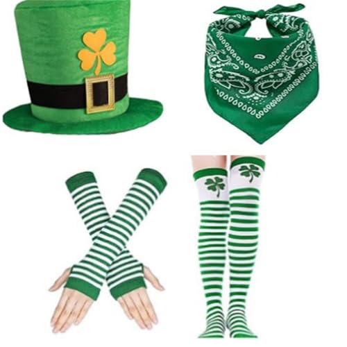 LEIDJGUN StPatricks-Kostüm-Set, 4-teilig, große Hut, Socken, Bandana, Handschuhe, Festival-Kostüm, Zubehör für Erwachsene und Kinder von LEIDJGUN