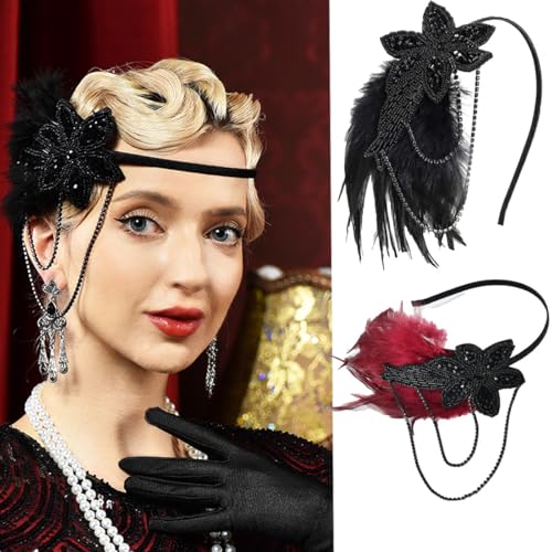 LELEKALE1920s Stirnband Feder Damen Gatsby Kostüm Accessoires Kopfschmuck Jahre Flapper Feder Haarband Vintage Haar Valentinstag Accessoire Mädchen Kostüm Abschlussball Party Retro (2PC,one Size) von LELEKALE