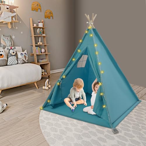 LENDISIY Tipi Zelt für Kinder, Kinderzelt Spielzelte mit Licht & Matte, Zelt für Kinder Mädchen und Jungen, Drinnen Faltbares Spielhaus (Blau) von LENDISIY