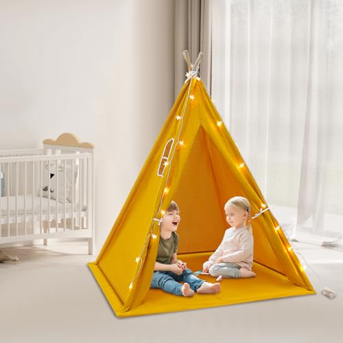 LENDISIY Tipi Zelt für Kinder, Kinderzelt Spielzelte mit Licht & Matte, Zelt für Kinder Mädchen und Jungen, Drinnen Faltbares Spielhaus (Gelb) von LENDISIY