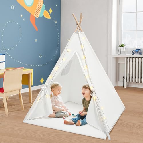 LENDISIY Tipi Zelt für Kinder, Kinderzelt Spielzelte mit Licht & Matte, Zelt für Kinder Mädchen und Jungen, Drinnen Faltbares Spielhaus (Weiß) von LENDISIY