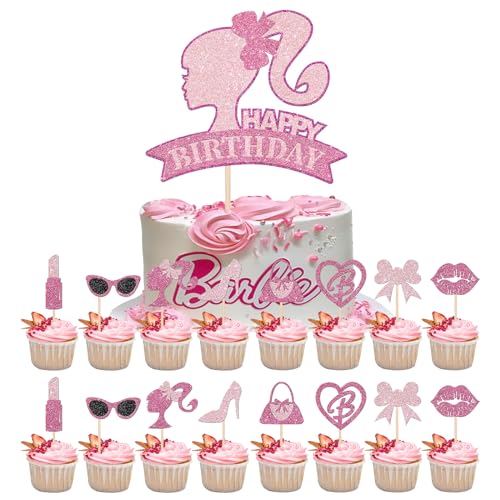 17 Stück Tortendeko Mädchen Kuchen Deko Tortendeko Geburtstag Barbie Tortendeko Cupcake Topper Handtasche Brille Schleife Lippenstift Krawatte für Mädchen Geburtstag Party Kuchen Dekoration Supplies von LEOEASIY