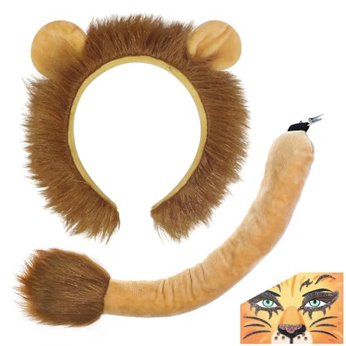 LEOEASIY Löwen Kostüm Set, Löwenohren und Schwanz Set, Accessoire Löwenkostüm Damen, Löwen Haarreif mit Ohren Mähne, Schwanz Löwen, Kostüm Partyzubehör für Karneval Cosplay Fasching Halloween von LEOEASIY