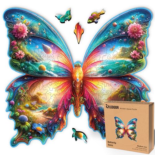 LEOGOR Holzpuzzles für Erwachsene – Schmetterling – (200 Teile, mittel, 31 x 29 cm) – Eine lebendige Fantasie von Blumen, Vögeln und Tierförmigen Holz-Puzzles von LEOGOR