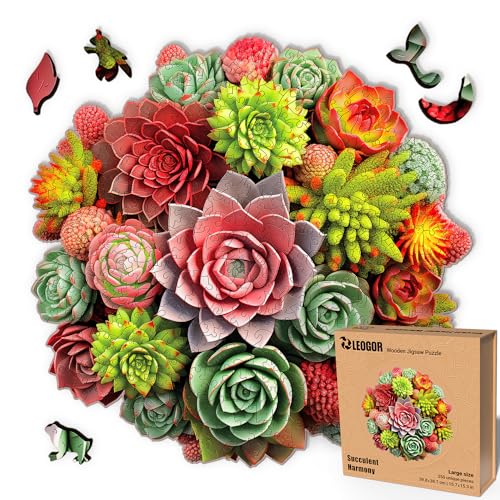 LEOGOR Holzpuzzles für Erwachsene – Sukkulenten-Spektrum – (350 Teile, groß, 39,9 x 38,9 cm) – buntes Mosaik aus Pflanzen und tierförmigen Holz-Puzzles von LEOGOR