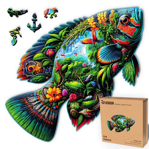 LEOGOR The Original Großes Holzpuzzle für Erwachsene | Fish Fantasia - 350 Teile, 53,8 x 32,3 cm | Ein lebendiges Mosaik aus Ozeanwesen, Vögeln und tierförmigen Holz-Puzzles von LEOGOR