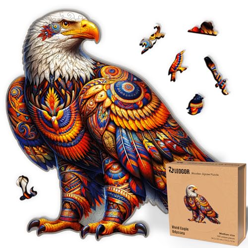 LEOGOR The Original Holzpuzzle für Erwachsene | Vivid Eagle Odyssey - 200 Teile, mittlere Größe, 34,3 x 33 cm | Ein lebendiges Mosaik des einheimischen Geistes mit Blumen und tierförmigen Holz-Puzzles von LEOGOR