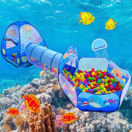 3 in 1 Kinder Spielzelt,Pop Up Zelt mit Kriechtunnel faltbar Baby Ball Pit Basketball Hoop Indoor Outdoor Garten Spielhaus Spiel Jungen Mädchen Kleinkind Spielzeug Geschenke von LEONFFS