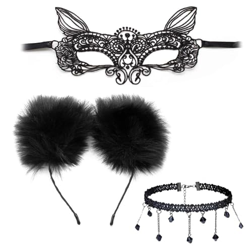 LERANXIN Halloween Accessoires Damen, 3 Teiliges Set Halloween Accessoires, Einstellbare Maskenball Masken, Gothic Schmuck Halskette, Katzenohren, für Halloween Deko, Maskeraden und Karnevalspartys von LERANXIN