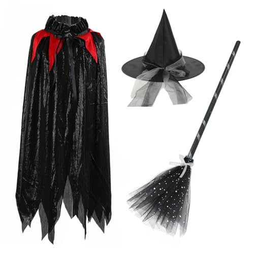 LERTREEUK Halloween Hexenumhang Kostüm Set, 120cm Hexenumhang mit Hut und Zauberbesen für Party Cosplay (Schwarz) von LERTREEUK