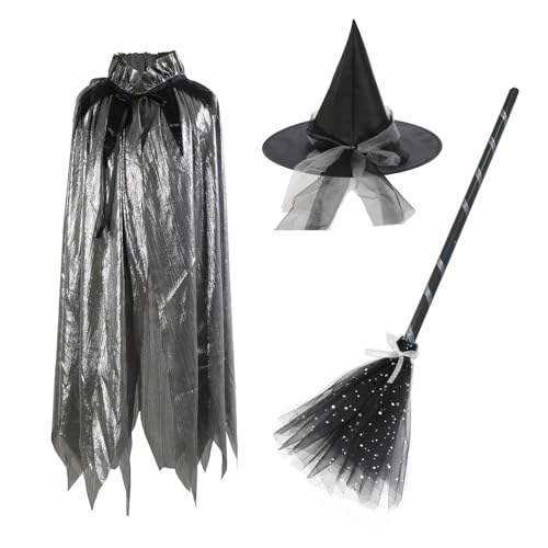 LERTREEUK Halloween Hexenumhang Kostüm Set, 120cm Hexenumhang mit Hut und Zauberbesen für Party Cosplay (Silber) von LERTREEUK