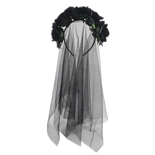 LERTREEUK Halloween Rosen Stirnband mit Schleier Gothic Blumenkrone Braut Haarband Tag der Toten Cosplay Kopfbedeckung ﻿ (Schwarz, L) von LERTREEUK