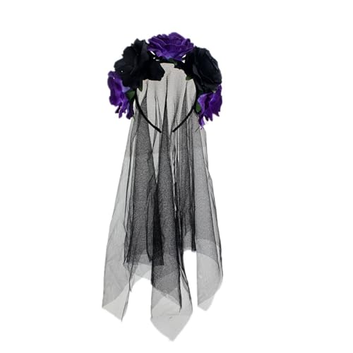 LERTREEUK Halloween Rosen Stirnband mit Schleier Gothic Blumenkrone Braut Haarband Tag der Toten Cosplay Kopfbedeckung ﻿ (Schwarz-Violett, L) von LERTREEUK