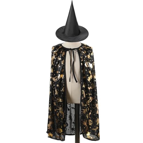 LERTREEUK Unisex Halloween Hexenumhang Set, Vampir-Umhang mit Kürbis-Katzen-Hexen-Muster, Schwarzer Hexenhut Party Urlaub Cosplay von LERTREEUK