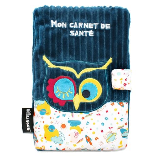 Les Deglingos Schutzhülle für U-Heft, Astros die Eule, Blau, Klettverschluss, verspielt, Geschenk für Kinder und Babys, weicher Stoff, Plüsch, 25 x 18 cm von LES DÉGLINGOS