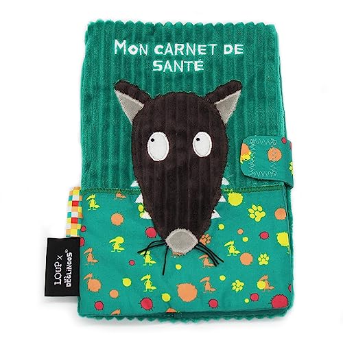 Les Deglingos Schutzhülle für U-Heft LOUP x Les Déglingos – Grün – Klettverschluss – verspielt – Geschenk für Kinder und Babys – weicher Stoff, peluchfarben, 25 x 18 cm von LES DÉGLINGOS