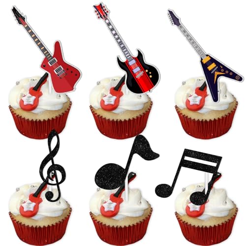 18 Stück Dessert-Cupcake-Topper für Musiknoten Gitarre Mark Symbol Musiker Party Thema Dekor Zubehör Babyparty Junge Mädchen Happy Birthday Party Dekoration Schwarz Glitzer von LETLIMIT