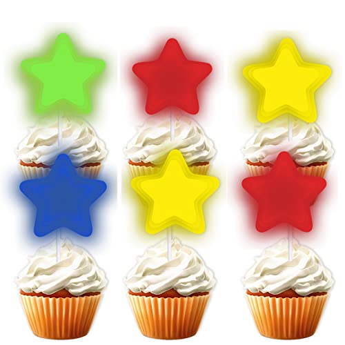 18 Stück Farbe fluoreszierender Glitzer Stern Dessert Cupcake Topper 80er 90er Nacht Karneval Thema Dekorationen Junge Mädchen Happy Birthday Party Dekor Zubehör von LETLIMIT