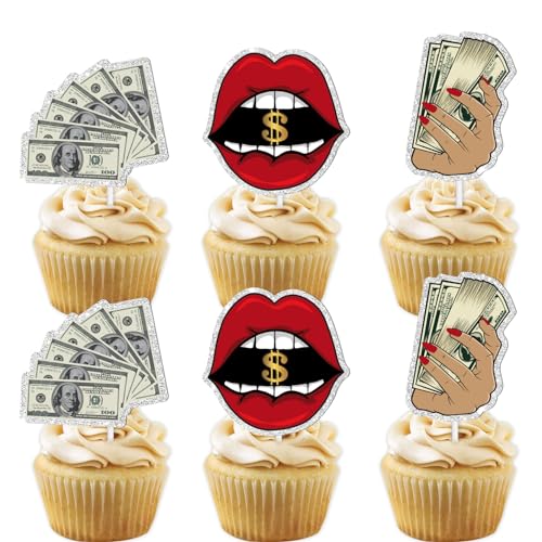 18 Stück Glitzer Dollar Dessert Cupcake Topper Jackpot Gamble Thema Dekorationen Männer Frau Happy Birthday Las Vegas Nacht Party Dekor Supplies von LETLIMIT