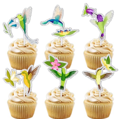 18 Stück Glitzer Kolibri-Blumen Dessert Cupcake Topper Fliegender Haustier Vogel Natur Thema Dekor Zubehör Jungen Mädchen Frau Dame Happy Birthday Party Dekorationen von LETLIMIT