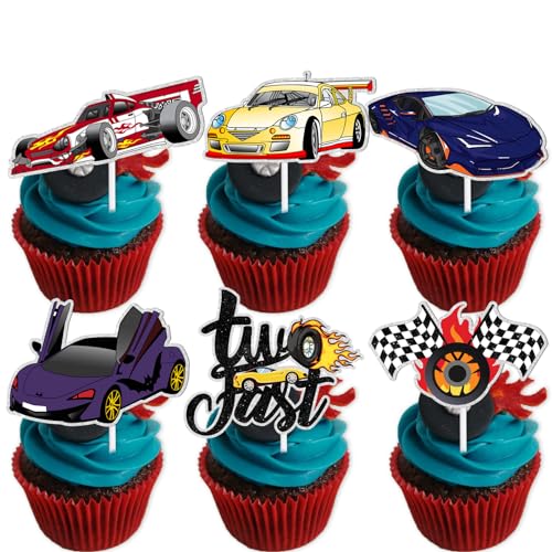 18 Stück Glitzer Rennauto Dessert Cupcake Topper Fast Two Theme Decor Supplies Baby Shower Boy Girl Happy Birthday Party Dekorationen von LETLIMIT