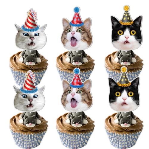 18 Stück Glitzer der Katze Kopf Dessert Cupcake Topper Pick für niedliche schöne Katze Thema Dekorationen Babyparty Jungen Mädchen Happy Birthday Party Dekor Zubehör von LETLIMIT