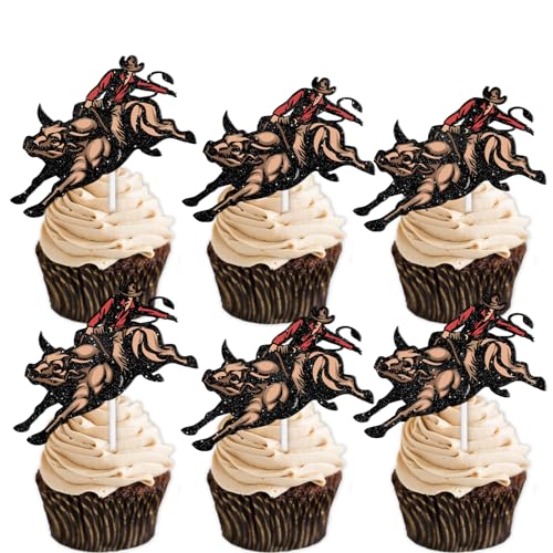 18 Stück Kuh Braun Glitzer Dessert Cupcake Topper Country Western Bull Riding Competition Thema Dekorationen Babyparty Jungen Mädchen Happy Birthday Decor Supplies von LETLIMIT