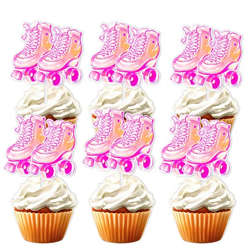 18 Stück Rollschuhe Dessert Cupcake Topper Junge Mädchen Happy Birthday Party Dekorationen 80er 90er Retro Hip Hop Roller Skating Thema Decor Supplies Pink Glitter von LETLIMIT