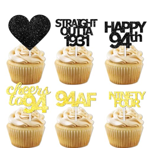 18 Stück Schwarz Gold Glitzer Dessert Cupcake Pick für Straight Outta 1929 Cheer to 94 Years Old Thema Decor Supplies Happy 94th Birthday Party Dekoration von LETLIMIT