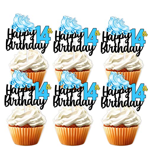 18 Stück blaue Glitzer-Rollschuhe Happy Birthday Dessert Cupcake Topper 80er 90er Retro Hip Hop Roller Skating Thema Dekor Zubehör Jungen Mädchen 14. Happy Birthday Party Dekorationen von LETLIMIT