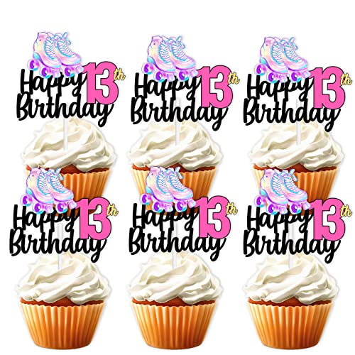 18 Stück rosa Glitzer Rollschuhe Happy Birthday Dessert Cupcake Topper 80er 90er Retro Hip Hop Roller Skating Thema Dekor Supplies Jungen Mädchen 13th Happy Birthday Party Dekorationen von LETLIMIT