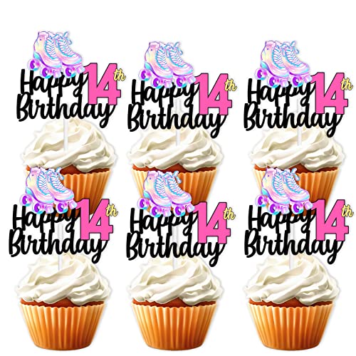 18 Stück rosa Glitzer Rollschuhe Happy Birthday Dessert Cupcake Topper 80er 90er Retro Hip Hop Roller Skating Thema Dekor Supplies Jungen Mädchen 14. Happy Birthday Party Dekorationen von LETLIMIT