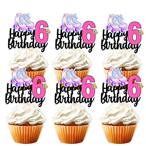 18 Stück rosa Glitzer Rollschuhe Happy Birthday Dessert Cupcake Topper 80er 90er Retro Hip Hop Roller Skating Thema Dekor Supplies Jungen Mädchen 6. Happy Birthday Party Dekorationen von LETLIMIT