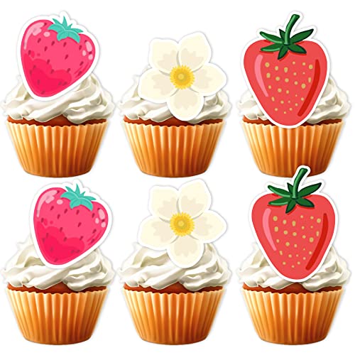 18 Stück rote Glitzer-Dessert-Cupcake-Topper für Obst Erdbeere Thema Dekoration Zubehör Babyparty Frau Dame Mädchen Happy Birthday Party Dekorationen von LETLIMIT