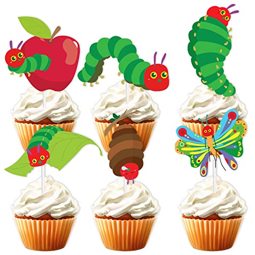 18 grüne Glitzer-Dessert-Cupcake-Topper, sehr hungrige Raupe, Metamorphose, Schmetterling, Lesengeschichte, Themendekorationen, Jungen, Mädchen, Happy Birthday Dekorationszubehör von LETLIMIT