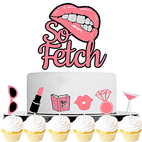 Pink Glitter So Fetch One Tortenaufsatz und 6 Stück Dessert Cupcake Topper Mund Make-up Spa Thema Dekor Supplies Frau Lady Night Out Hen Movie Happy Birthday Party Dekorationen Set von LETLIMIT