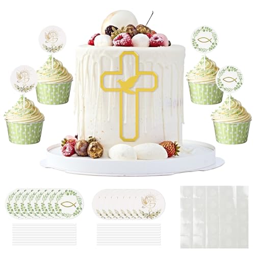 25 Stück Fisch Cake Topper Kommunion, Konfirmation Tortendeko, Tortenstecker Kommunion Kreuz, Tortendeko Kreuz Gold für Hochzeit Babyparty Geburtstag Party von LETTERASHQP