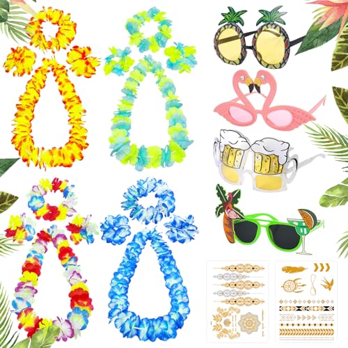 LETTERASHQP 22 Stück Hawaii Ketten Blumenkette Set Hawaii Party Kostüm mit 16 Hawaii Kette Blumen 4 Tropical Sonnenbrille 2 Gold Hawaii Tattoos für Hawaiian Party Tropische Beachparty Deko von LETTERASHQP