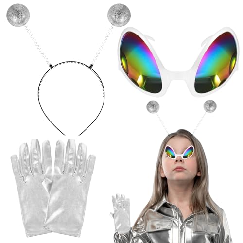 LETTERASHQP 3 Stück Alien Kostüm Set, Haarreif Silber Alien, Alien Haarreif und Handschuhe Geeignet Als Foto-Requisiten Und Atmosphären-Requisiten für Erwachsene und Kinder von LETTERASHQP