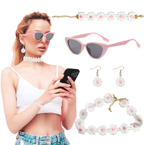 LETTERASHQP 4 Sück Hippie Accessoires Pink, Hippie Kostüm Damen Set, Schlagermove Accessoires,Hippie Damen Accessoires 60er 70er Jahre Bekleidung Damen, für Karneval Cosplay von LETTERASHQP