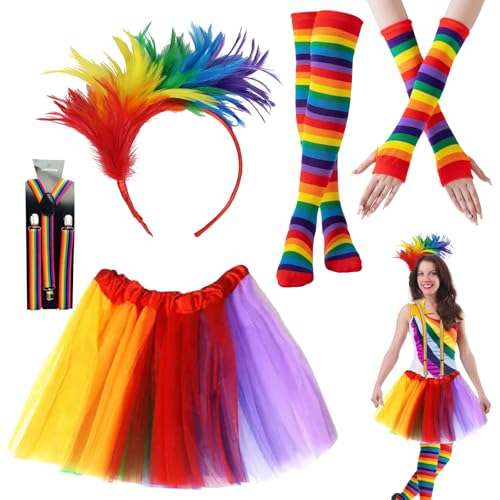 LETTERASHQP 5 Stück Regenbogen Kostüm Damen Karneval Kostüm Damen Regenbogen Rock Regenbogen Tüllrock Damen Regenbogen Haarreif Handschuhe Socken Tüllrock Bunt Damen Faschingskostüm Damen von LETTERASHQP