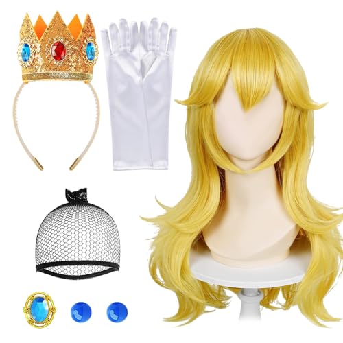 LETTERASHQP 5 Stück Prinzessin Peach Perücke Zubehör mit Prinzessin Peach Krone Prinzessin Peach Rapunzel Perücke Prinzessin Peach Kostüm Zubehör Set für Karneval Party Cosplay Halloween von LETTERASHQP