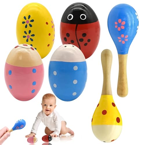 LETTERASHQP 6 Stücke Maracas Eier Shaker Holz,Hölzerne Eierschüttler Maracas für Holzrassel für Partygeschenke, Kinder, Osterkorbfüller von LETTERASHQP