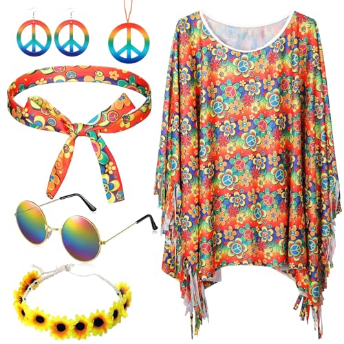 LETTERASHQP 6 Sück Hippie Kostüm Damen 70er jahre Outfit Damen Hippie Accessoires Hippie Kleidung Damen Hippie Halskette Ohrringe Haarband Sonnenbrille Kostüm Hippie Frau Karneval Kostüm Damen von LETTERASHQP