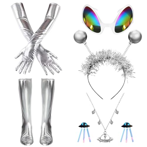 LETTERASHQP Alien Haarreif silber Haarreif Alien Silber Alien Kostüm Set Kopfschmuck Accessoire & Deko Alien Ohrringe Haarschmuck für Damen Herren & Kinder von LETTERASHQP