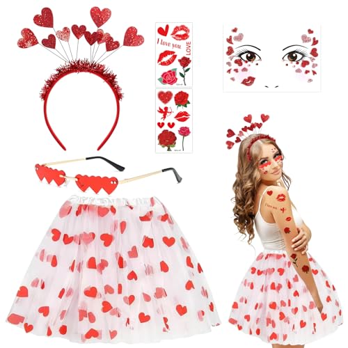 LETTERASHQP Amor Kostüm Damen 6 Stück Karneval Kostüm Amor Set Valentinstag Herz Stirnband Pailletten Herzchen Tutu Romantische Amor Kostüm Accessoires Herz Gesichttattoos Für Valentinstag Karneval von LETTERASHQP