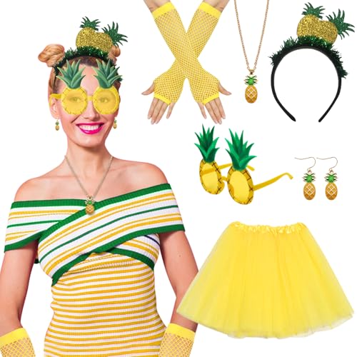 LETTERASHQP Ananas Kostüm Damen Karneval Kostüm Accessoire Ananas Haarreif Sonnenbrille Gelb Tutu Tropischer Haarschmuck Karneval Fasching Kostüm Hawaiian Kostüm Zubehör für Erwachsene Kinder von LETTERASHQP